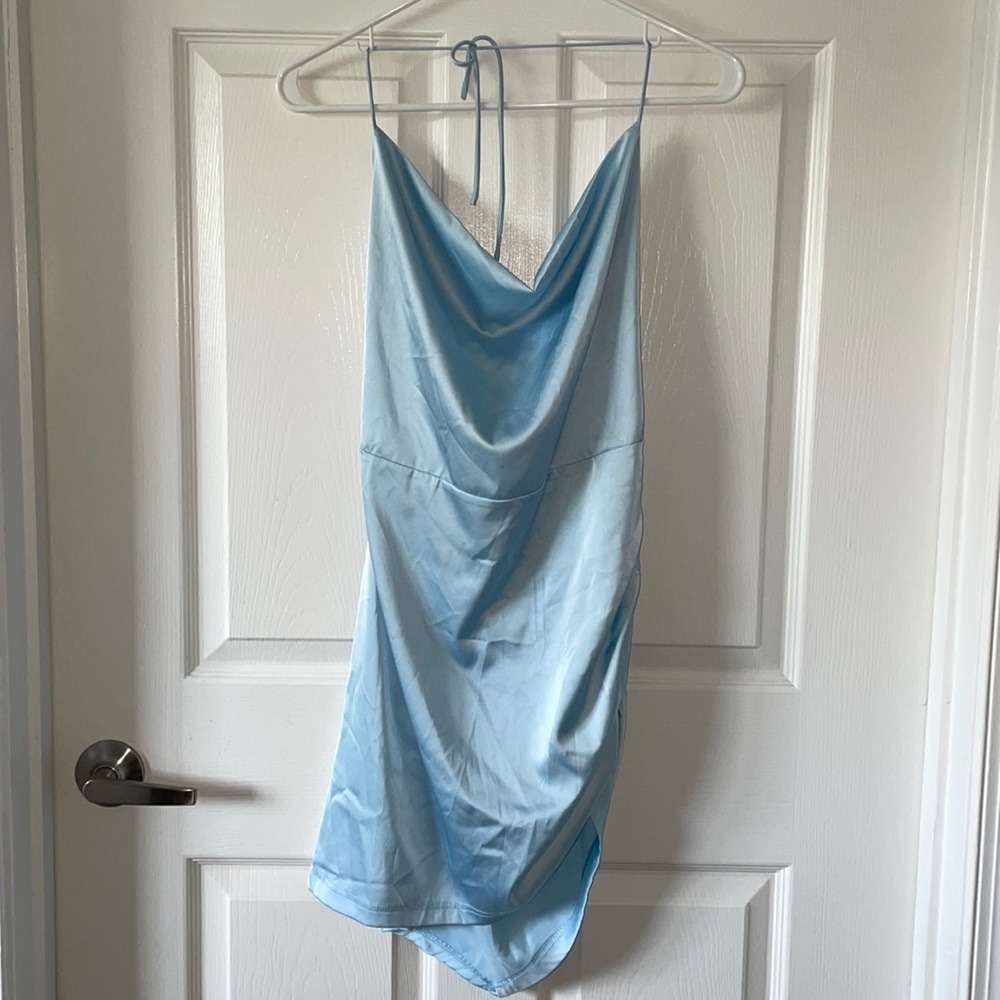 Cider Solid Cowl Neck Ruched Mini Dress, Large - Picture 2 of 8